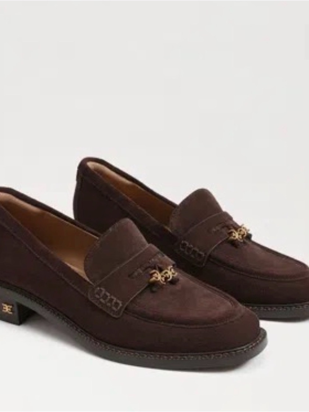 Brown Suede Loafers with Gold Chain Accent